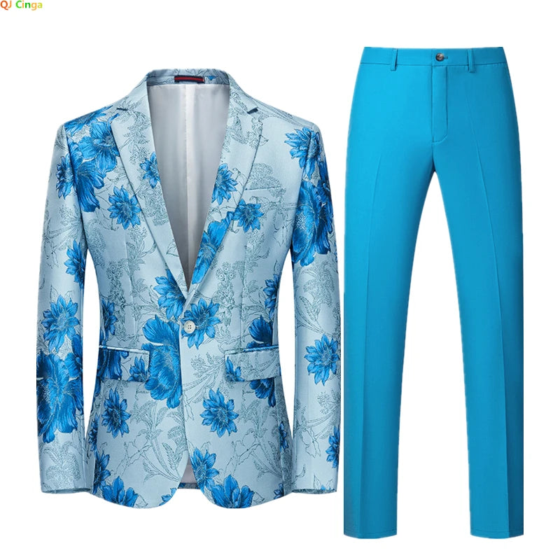 2026 Men's Blue Embroidered Two-Piece, Red Slim Fit Suit Jacket and Trousers Red Green Blazers Coat with Pants, Asian Size 6XL