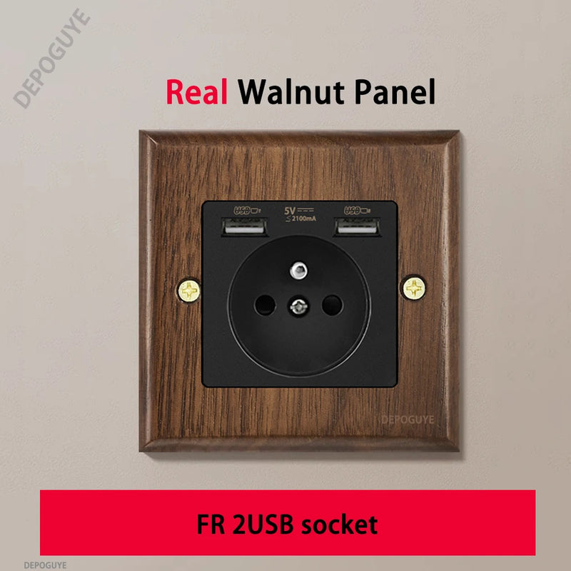 Black Retro Walnut Wall Toggle Switch Panel 1-4Gang 2Way Solid Wood Double EU/FR Socket Universal Usb C Electrical Power Outlet