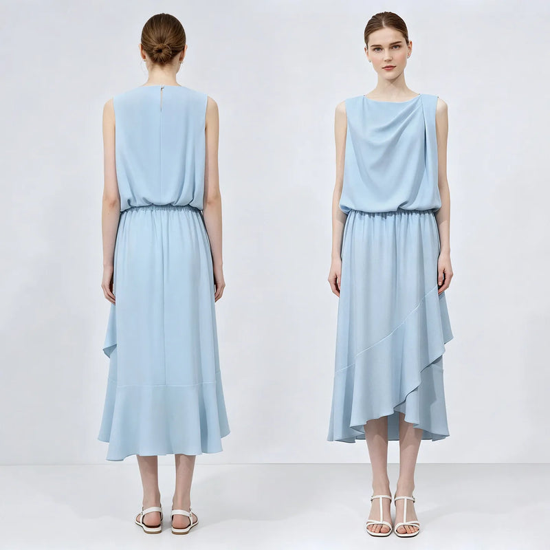 Amii Sleeveless Women Dress 2026 Summer New Bateau Neck Elastic Waist Elegant Asymmetrical Ruffle Casual Chiffon Dress 12642049