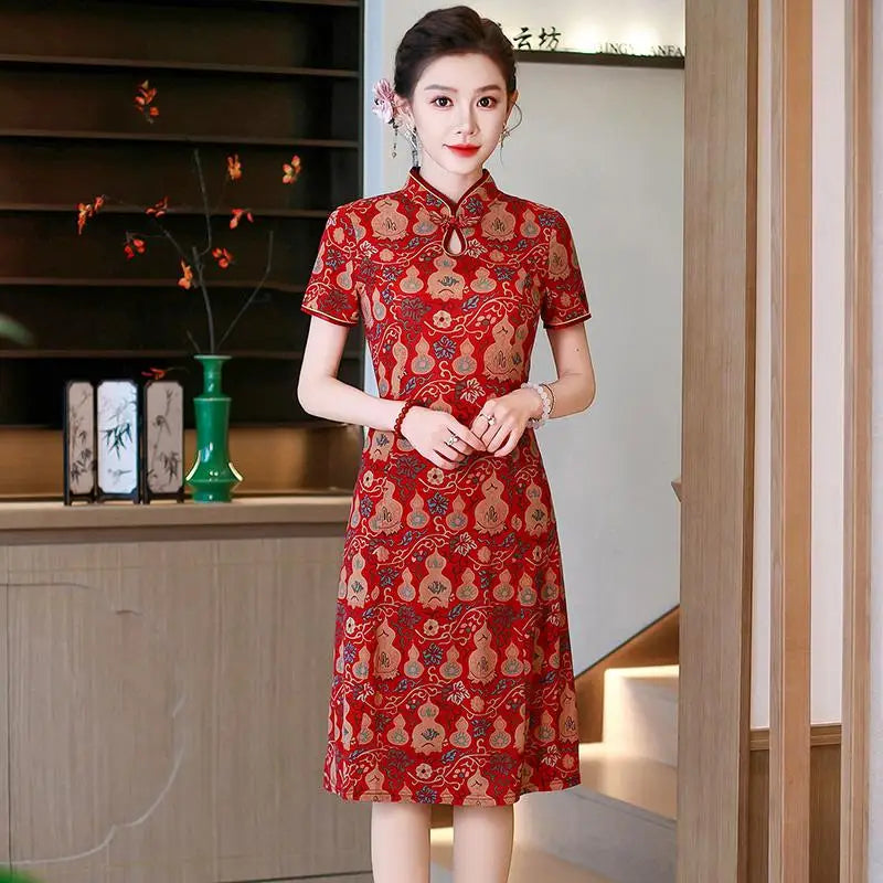 រ៉ូប Cheongsam រដូវក្តៅ កអាវផ្កាបាក់ សម្លៀកបំពាក់នារី រ៉ូបចង្កេះរាងអក្សរ A បែបចិនបុរាណ