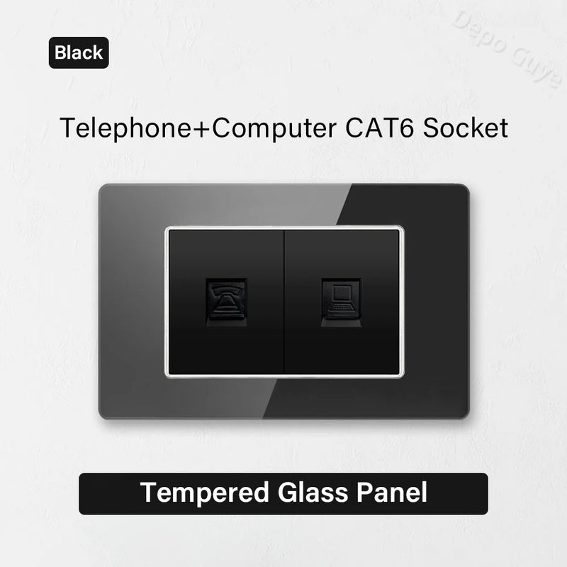 Type 118 Black Tempered Glass Panel EU Wall Light Switch,Europe Wall Socket With USB Type-c 18W Quick Charge Outlet 118*75mm