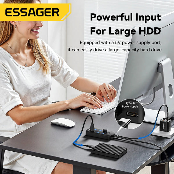 ឧបករណ៍ភ្ជាប់ថាមពល Essager 7-in-1 USB 3.0 Hub Multi USB Splitter Adapter 5Gbps High Speed USB Splitter OTG Adapter សម្រាប់កុំព្យូទ័រ Laptop Macbook Pro