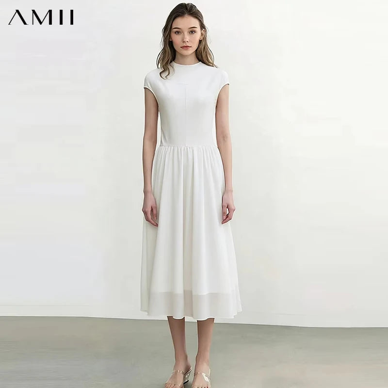 Amii Women's Dress 2026 Summer New O-Neck A-line Chiffon Patchwork Short Sleeve Midi Dress Office Casual Woman Clothing 12622073