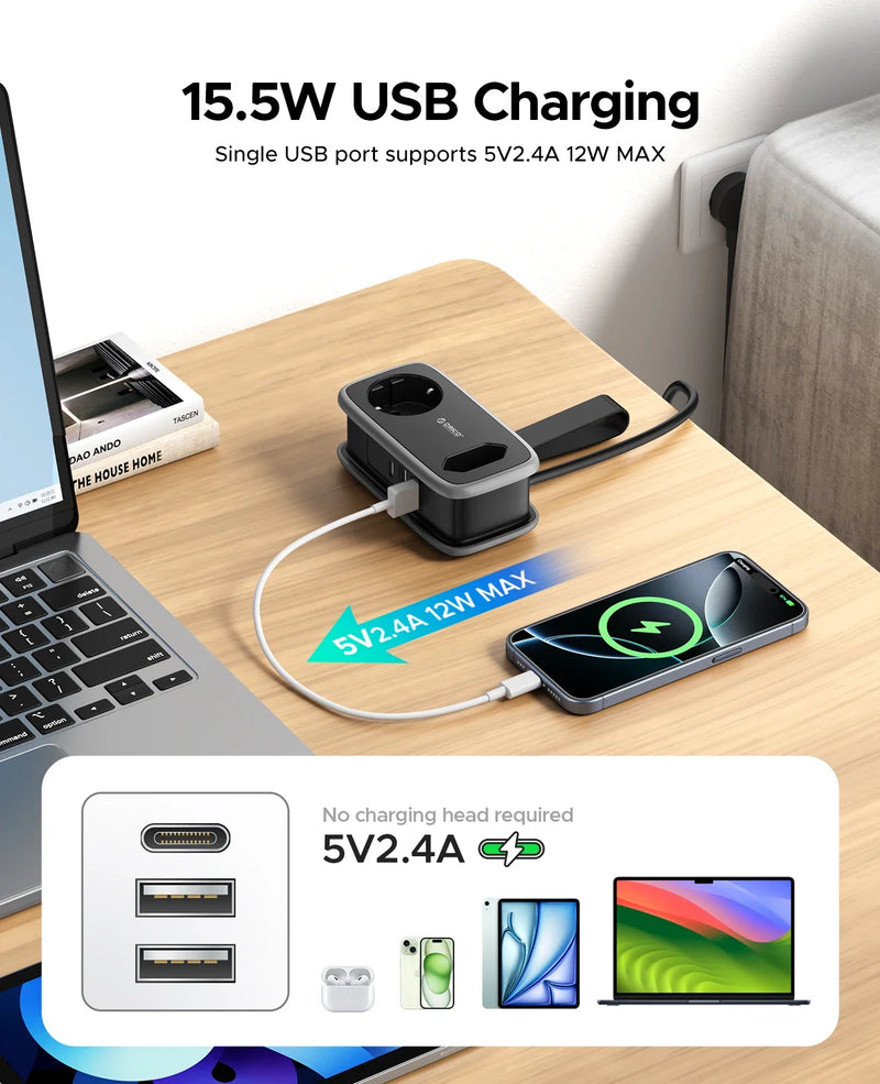ORICO EU Plug Travel Power Strip with 2AC 3USB Port 1.1M Extension Cable 5-In-1 Charging Smart Socket for Home/Travel Save Space