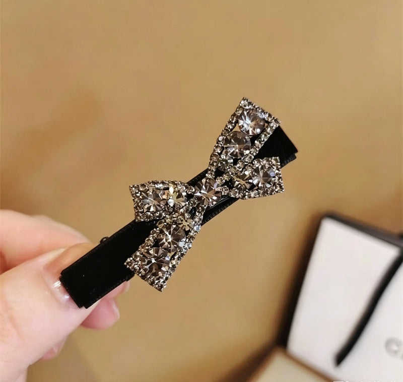 Water Crystal Black Bow Hair Clip Headband Side Fringe Bangs Clip Straight Hair Accessory Female Top Hairpin