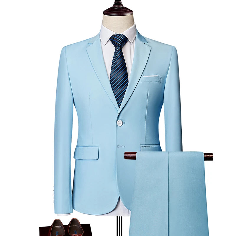 2026 New Men's 2-Piece, Dark Green Slim Fit Suit Set with Pure Color Jacket & Pants for Office/Interview/Wedding/Party/Business