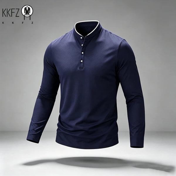 Mens Basic Mandarin Collar Long Sleeve Polo Top Button Design Contrast Neckline For Vacation Short Trip Leisure Scenarios