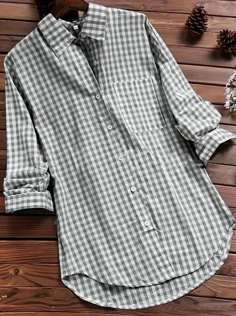 2027 New Women's Long-Sleeve Checkered Shirt, Available in Black, Gray, Blue, Red, and Pink.