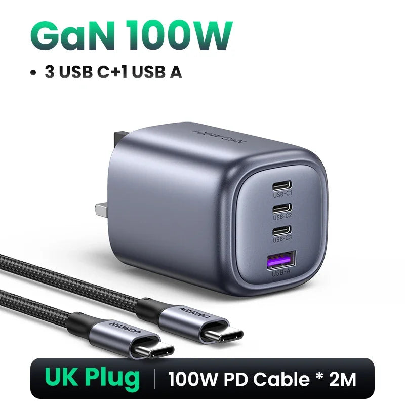 UGREEN UK Plug GaN 100W 65W Fast Charger QC 4.0 3.0  for Macbook Air Tablet iPhone 18 17 16 Pro Max Xiaomi USB Type C PD Charger