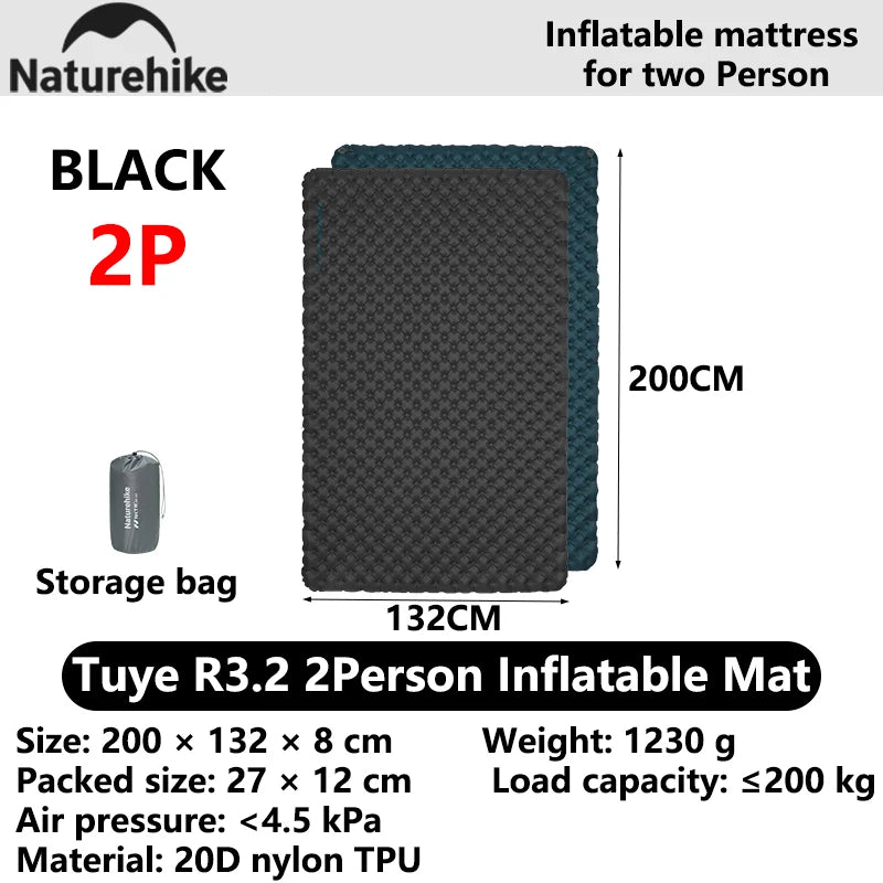 Naturehike 2026 Latest TuYe R3.2 20D Nylon Ultra-Lightweight Two-Person Warm Inflatable Mattress for Outdoor Hiking and Camping