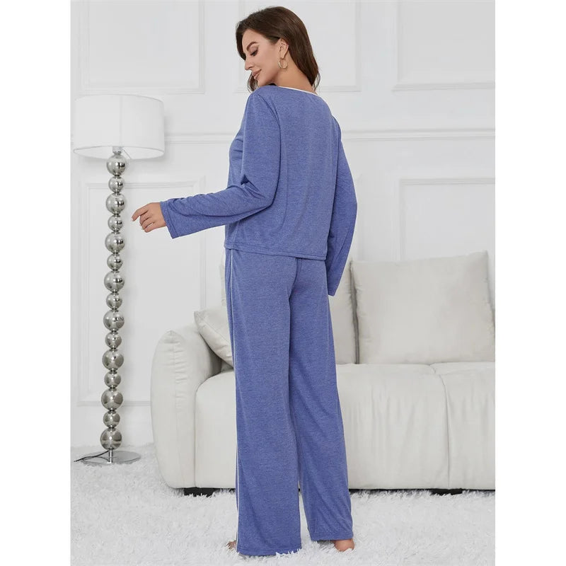 Cotton Pajamas Women's Spring Autumn Sleepwear Suit Solid Color Long Sleeved Pants Home Set New Pijama Mujer Female Nightwear