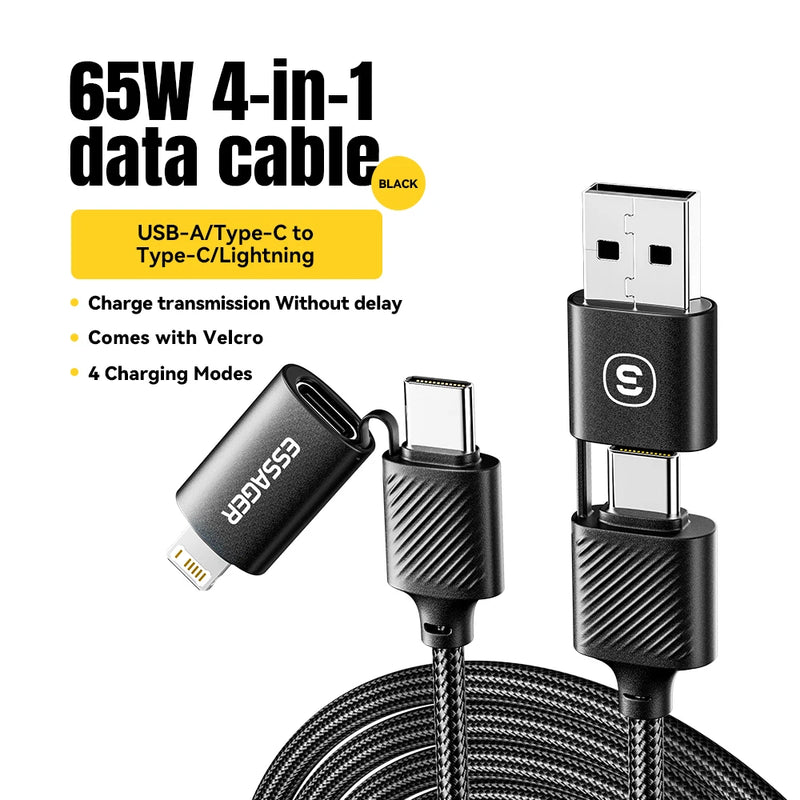 ខ្សែសាក USB Essager 4 ក្នុង 1 ប្រភេទ C 65W PD សាកលឿន ខ្សែ Type C ដល់ Type C សម្រាប់ iPhone 16 15 14 Pro Max iPad HUAWEI Xiaomi