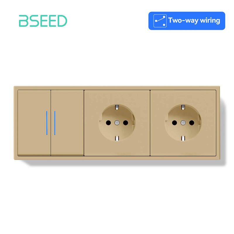 BSEED 1/2Gang 2Way Button Light Switch With EU Socket 20W AC Socket Plastic Frame Wall Switch On Off For Stairs LED Backlight