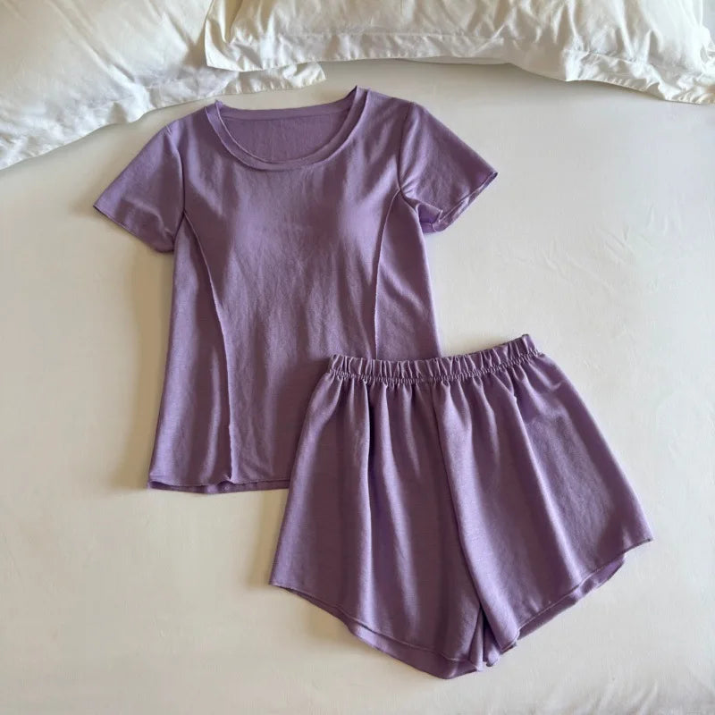Summer Thin Short Sleeve Sleepwear Women's Pajamas Set New Chest Pad Homewear Nightwear Woman Clothing Set 2 Piece Pijama Suit