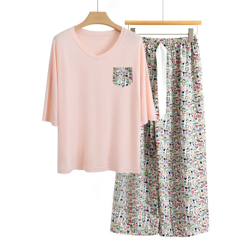 Modal Comfortable Women's Sleepwear Loose Short Sleeve Trousers Sets Printed Home Suit For Women Loungewear Pajamas Clothes