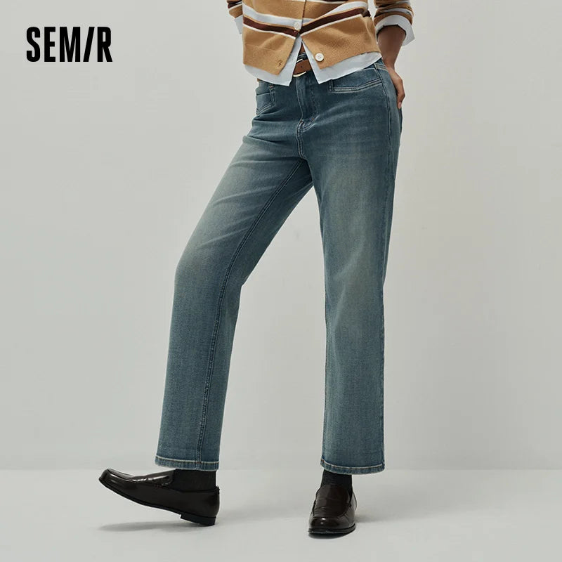 Semir Women Jeans Stretch Cropped Straight Cuffed Hem Soft Denim Casual Style Autumn Pants Urban Daily Wear 2026