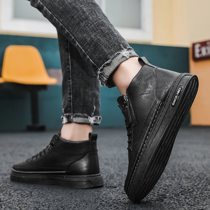 Men's boots autumn and winter new warm plush outdoor casual boots work boots fashion versatile soft soled comfort leather boots