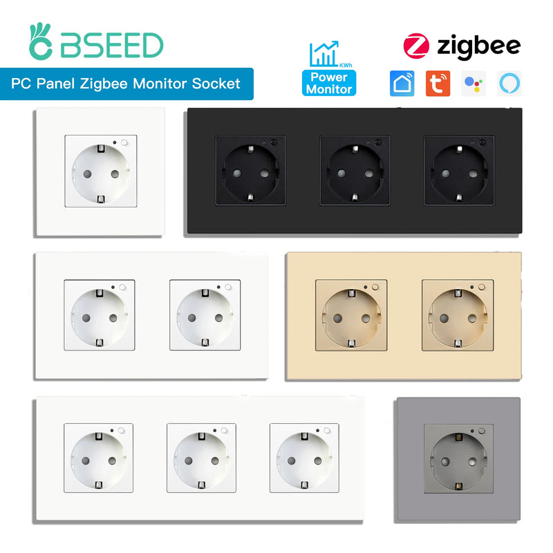 BSEED EU Standard Zigbee Wall Socket Smart Power Monitor Socket 220V 16A Plastic Panel Tuya Alexa Google Smart Life Control