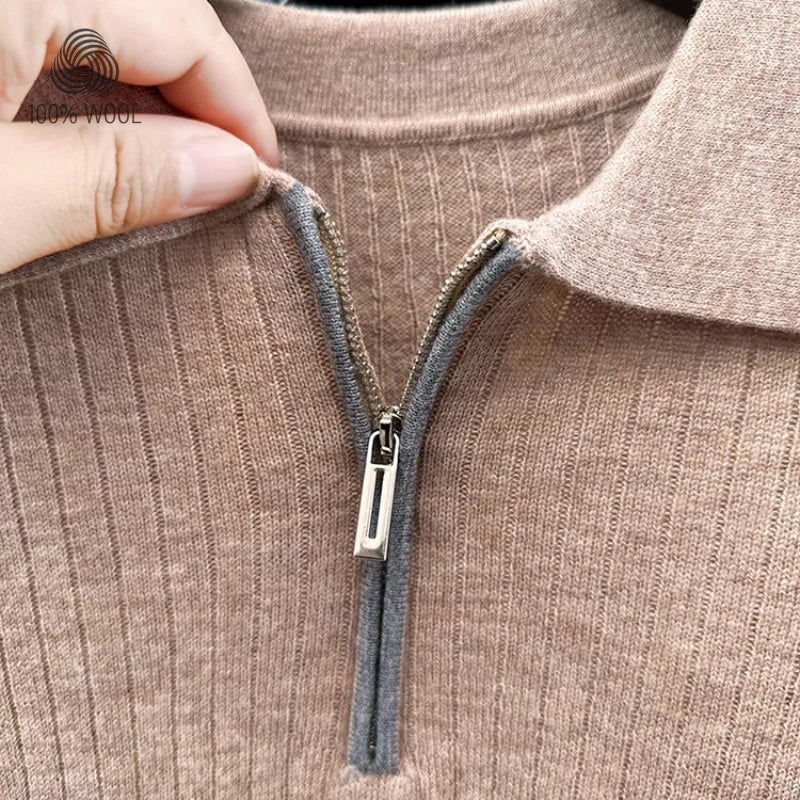 100% Cashmere Wool Sweater, Semi-Zip Placket Ribbed Texture, Soft Non-Irritating, 7 Colors M-4XL Business Casual
