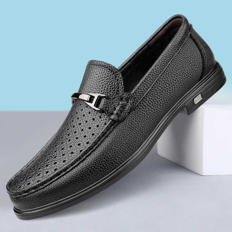 Men Hollow‑out Loafers Thin Leather Slip‑on Dress Shoes Breathable Moccasins Metal Decoration Casual Business Driving Shoes