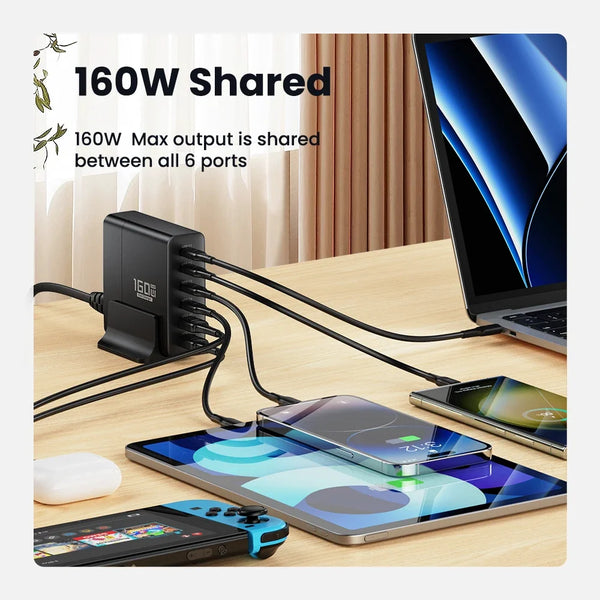ស្ថានីយសាកថ្មលឿន GaN USB C 160W PPS PD QC សាកថ្មលឿន 6 រន្ធ សម្រាប់ MacBook iPad iPhone 14 13 Samsung Laptop