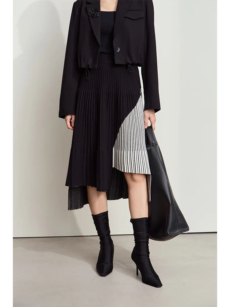 AMII Women's Minimalise Patchwork Skirts 2026 Winter Versatile A Line Pleated Irregular Female Commuter Knitted Skirt 12424047