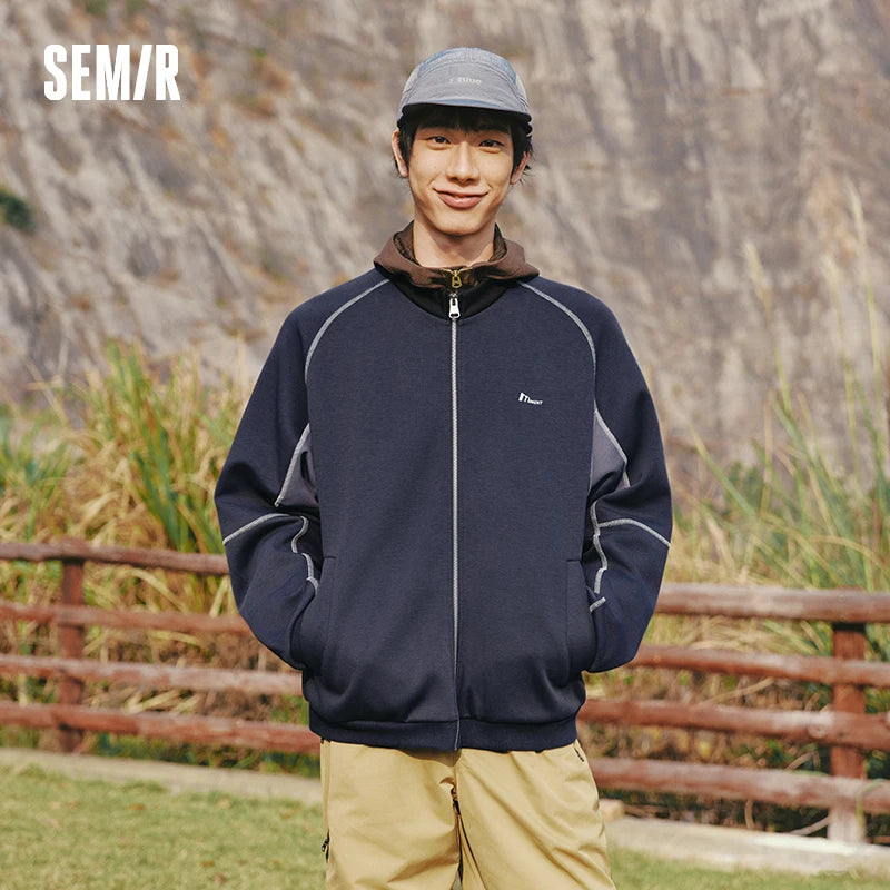 Semir Color Block Jacket Unisex 2026 Spring Knitted Stand Collar Loose Sporty Casual Versatile Fashion Daily Wear Top