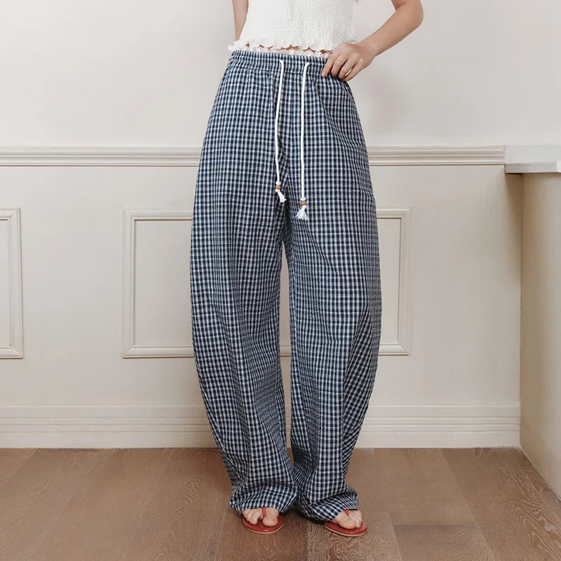 Semir Women Pants Textured Plaid Lace Trim Elastic Waist Loose Curved Summer 2026 Casual Long Trousers Bottoms Wear