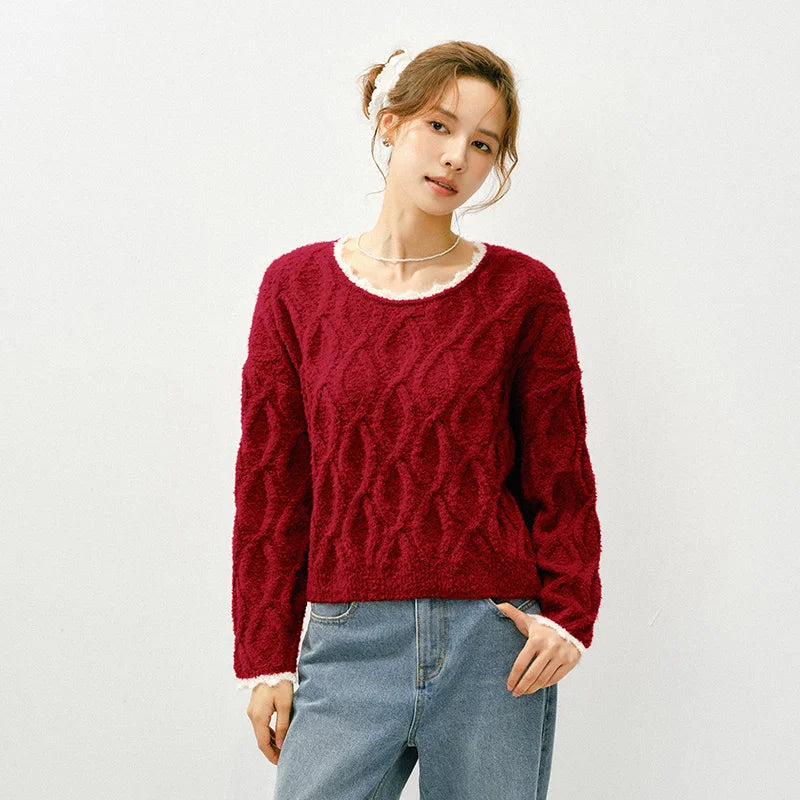 Semir Red Sweater Women 2026 Spring Short Cable Knit Ruffle Loose Slouchy New Year Style Casual Fashion Pullover Top
