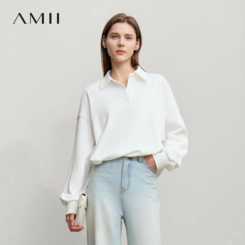អាវយឺត Amii សម្រាប់នារី រដូវស្លឹកឈើជ្រុះ ឆ្នាំ២០២៦ អាវប៉ូឡូថ្មី ដៃវែង អាវធំ កប្បាស មធ្យម ខ្លី អាវយឺត 12641002