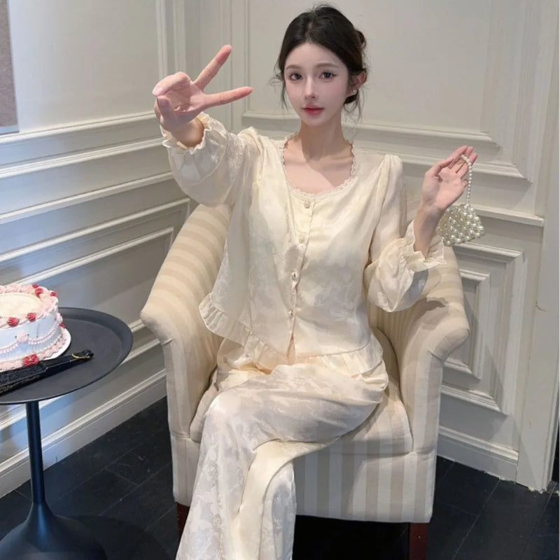 Ice Silk New Autumn Sleepwear Woman Nightwear Hot-selling Loungewear Printed Long Sleeve Pajamas Set Two-piece Home Wear Pijama
