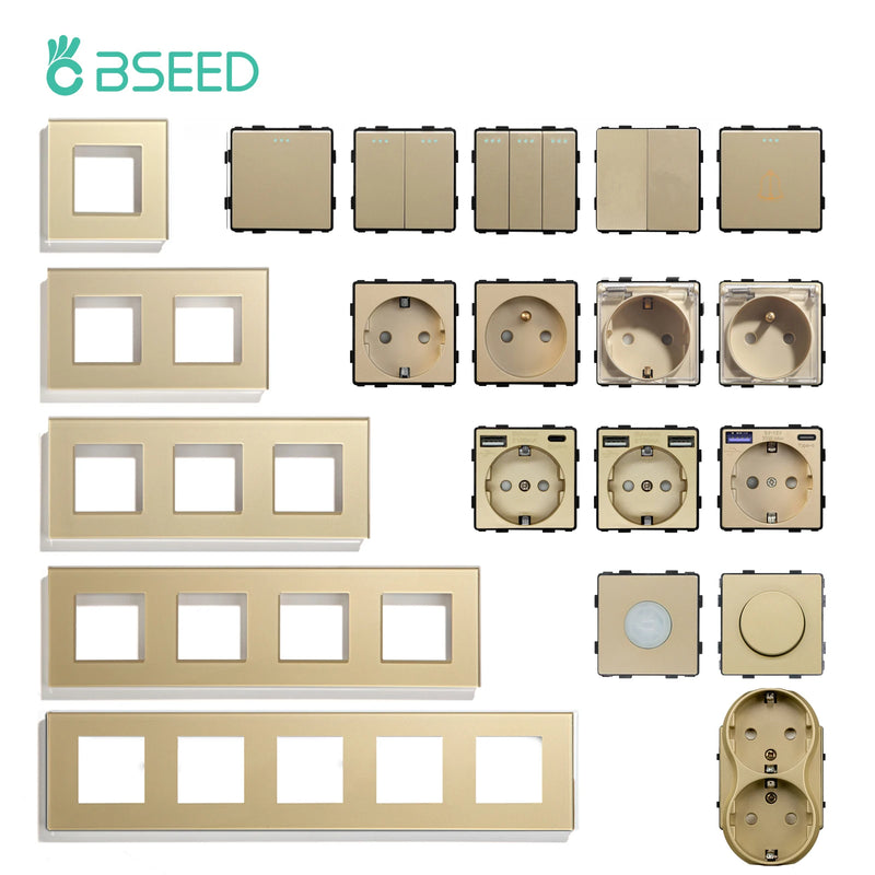 BSEED EU Standard Wall Light Switch Module Electrical Outlets Button Switch DIY Function Part Glass Panel Free Collocation Gold