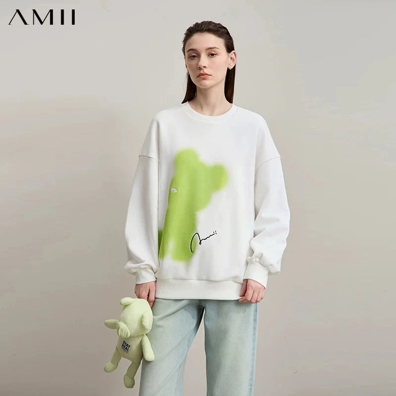 AMII Hoodies Woman 2026 Winter New Minimalist Casual Versatile Sweatshirt For Woman Print Embroidery Cotton Loose Top 12543042