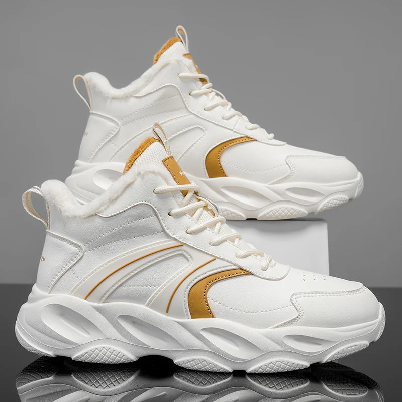 Mens Sports Shoes 2025 New High Top Velvet Warm Leather Color Matching Anti Slip Daily Commuting Trendy Casual Sneakers Man