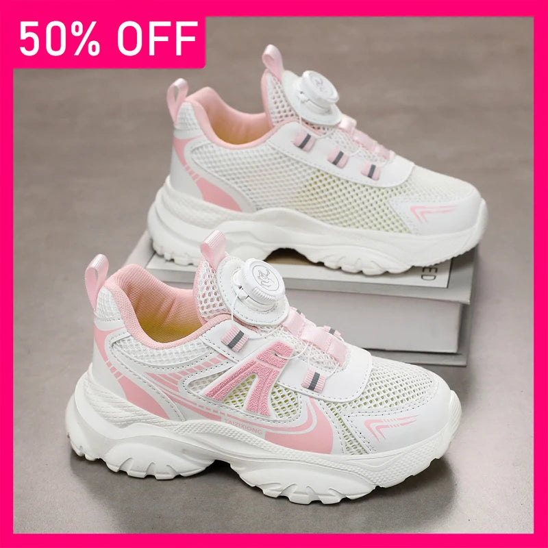 Kids Sneakers New Rotating Buckle Breathable Mesh Thick Sole Rebound Fitness Shoes Comfortable Versatile Casual Shoes for Girls
