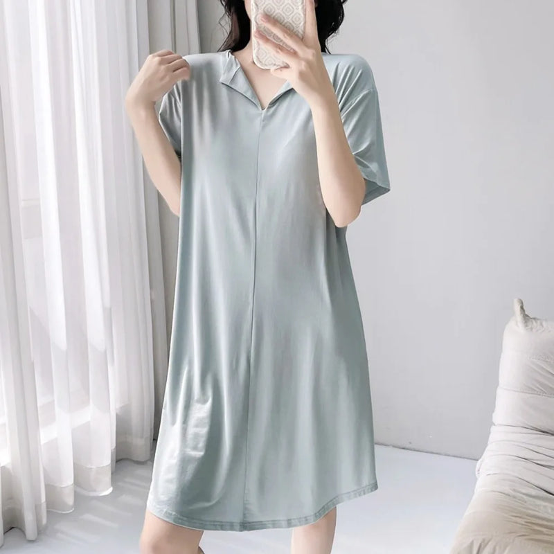 Elegant Chest Pad Short Sleeve Sleepwear Women's Nightgowns One Piece Pajamas Dress Solid Color Summer Thin Loungewear Female