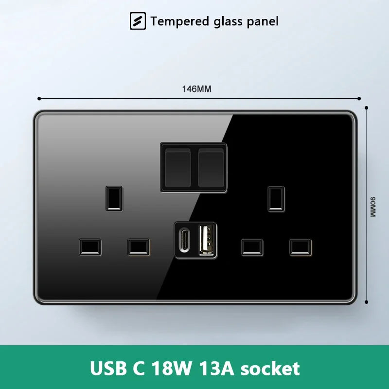 UK 13A Wall Socket with Type-C 18W Fast Charging Plug Socket,Glass Panel Power Double Universal Outlet with Quick USB C charge