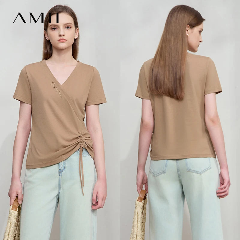 Amii Minimalism Casual T-shirt 2026 Summer New Women Solid Color V-neck Office Lady T-shirt Cotton Pleated Comfort Tops 12522137