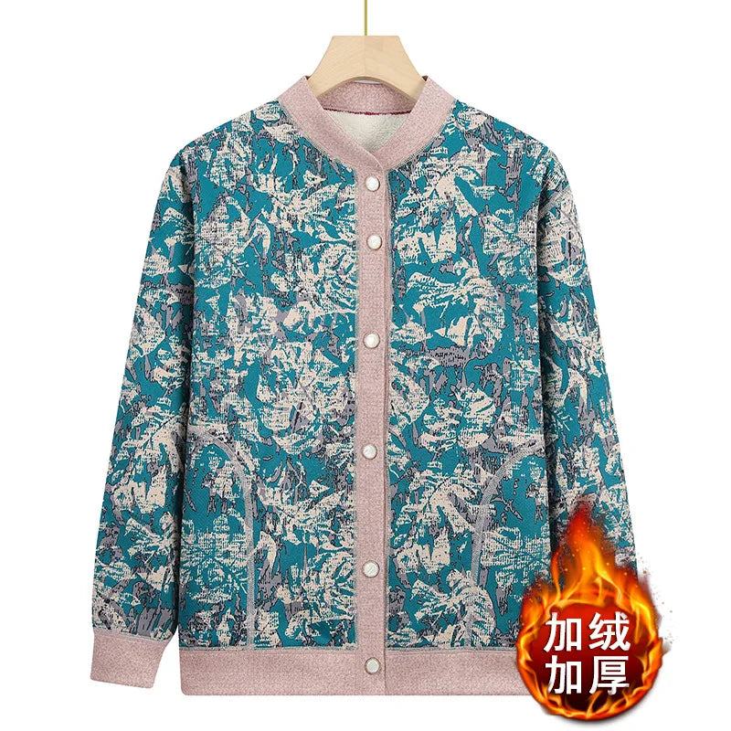 Grandma Clothing Printed Add Velvet Warm Cardigan Jacket Thicken Fleece Hot Sweater For Woman Buttons Knitwear Women Coat