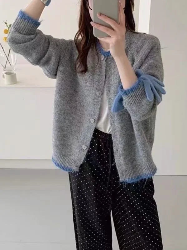 Single Breasted Stripes Contrasting Colors Crew Neck Cardigan Sweater Women's Jacket Autumn Winter New Age-reducing Knitted Top