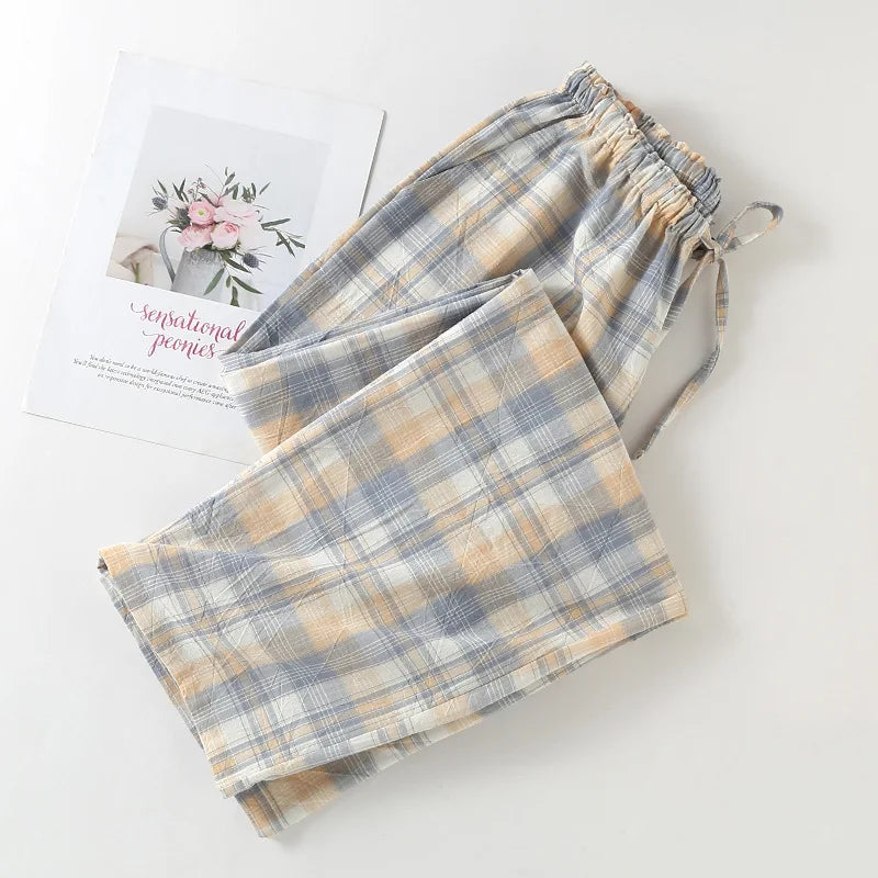 Pure Cotton Leisure Home Trousers Casual Plaid Breathable Sleepwear Pants Spring Autumn Homewear Pajamas Pant Women Pantalones