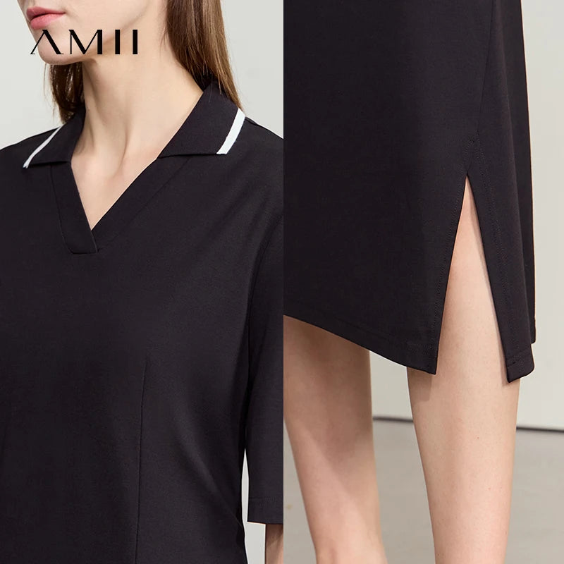 រ៉ូប Amii Minimalism រដូវក្តៅឆ្នាំ ២០២៥ រ៉ូបនារីថ្មី ក V ដៃអាវខ្លី ចង្កេះប៉ាក់ រ៉ូបការិយាល័យស្គមស្គាំង 12542166