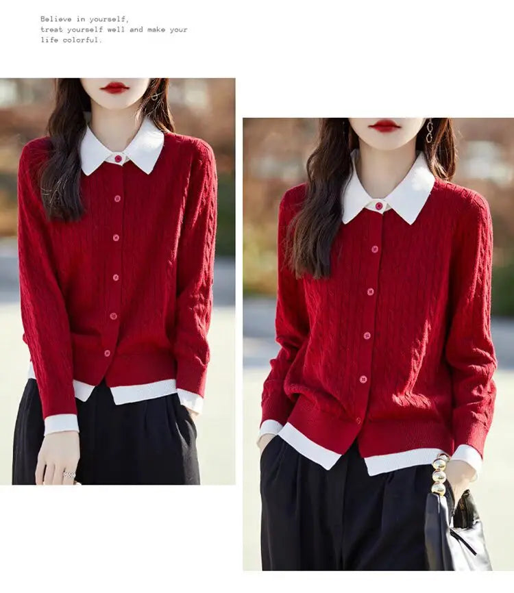 New Korean Woolen Long Sleeve Tops Female Lapel Shirt Spring Autumn Cardigan Women's Sweater Jacket Buttons Knitwear Coat