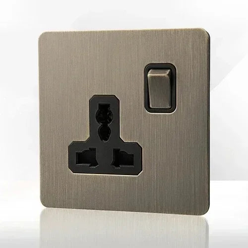 Retro EU FR Metal Panel Wall Toggle Light Switch Socket plug,Bronzed Antique Stainless Steel German 16A Socket with USB Charging