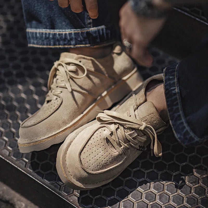 Maden Men's Retro  Lace-Up Round Toe Casual Sneakers Cow Suede Work Shoes Chunky Platform Sole Leather Breathable Skate Shoes
