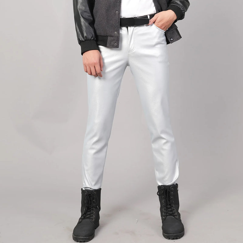 New Fall Collection: Men's Purple PU Pants—Fitted Faux Leather Motorcycle Trousers Available in Black,Blue,Green,Red,Gray,Khaki.