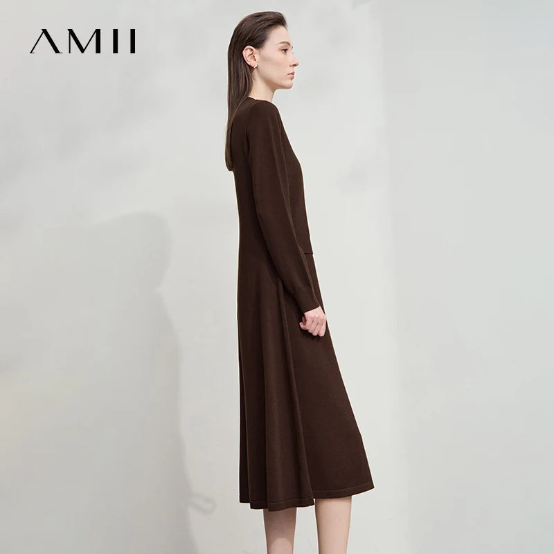 AMII Dress Ladies 2026 Autumn New Woman Clothing V-neck Fake Two-piece Knitted A-line Casual Elegant Dresses For Woman 12543051