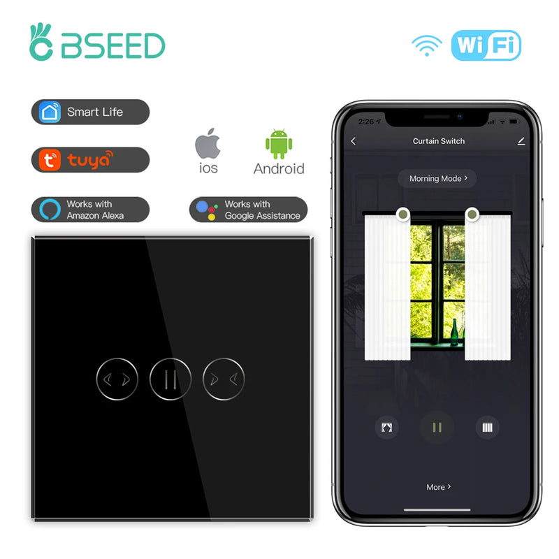 BSEED WiFi Curtain Switch Wireless Smart Touch Switch for Smart Life Tuya Alexa Blind Roller Shutter With Neutral Line