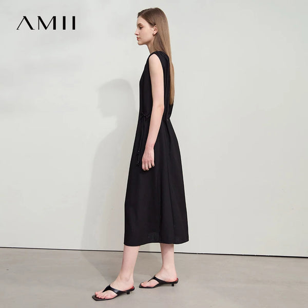 AMII រ៉ូបម៉ូដនារីបែប Minimalism កមូល ដៃអាវគ្មានដៃ រ៉ូបខ្សែអង្កាំ រ៉ូបសម្រាប់នារី រ៉ូបរលុងប្រចាំថ្ងៃ 12542132