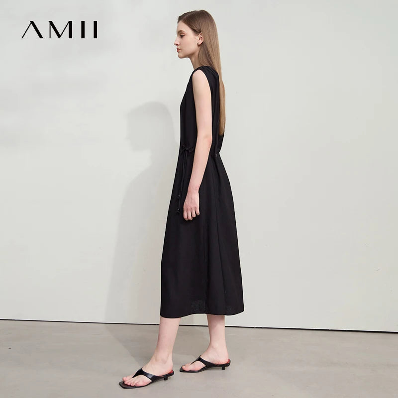 AMII រ៉ូបម៉ូដនារីបែប Minimalism កមូល ដៃអាវគ្មានដៃ រ៉ូបខ្សែអង្កាំ រ៉ូបសម្រាប់នារី រ៉ូបរលុងប្រចាំថ្ងៃ 12542132